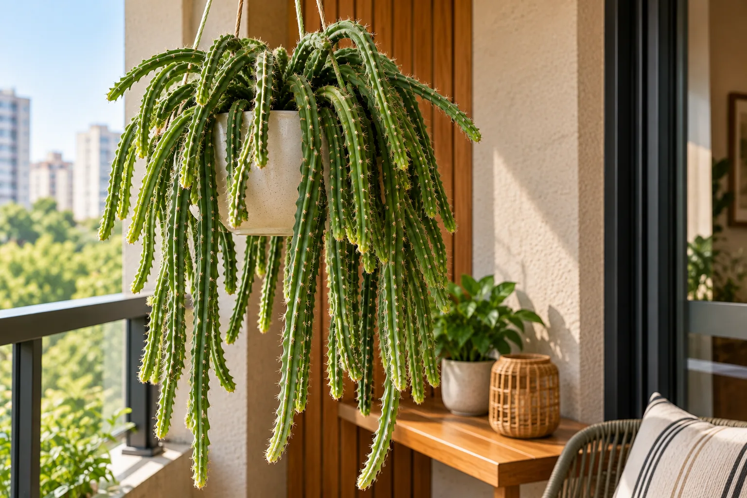 Cactos de sombra: 10 espécies e como cuidar dentro de casa 8 Cacto-samambaia com caules verdes longos, costelados e pendentes, com pequenas aréolas espinhosas, em vaso suspenso branco.