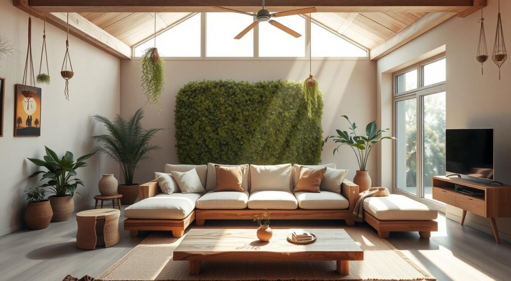 Transforme sua Sala: Segredos de Designers para uma Decoração Elegante em 2025! 5 Ambiente que destaca a sustentabilidade na decoração, com elementos naturais e eco-friendly.