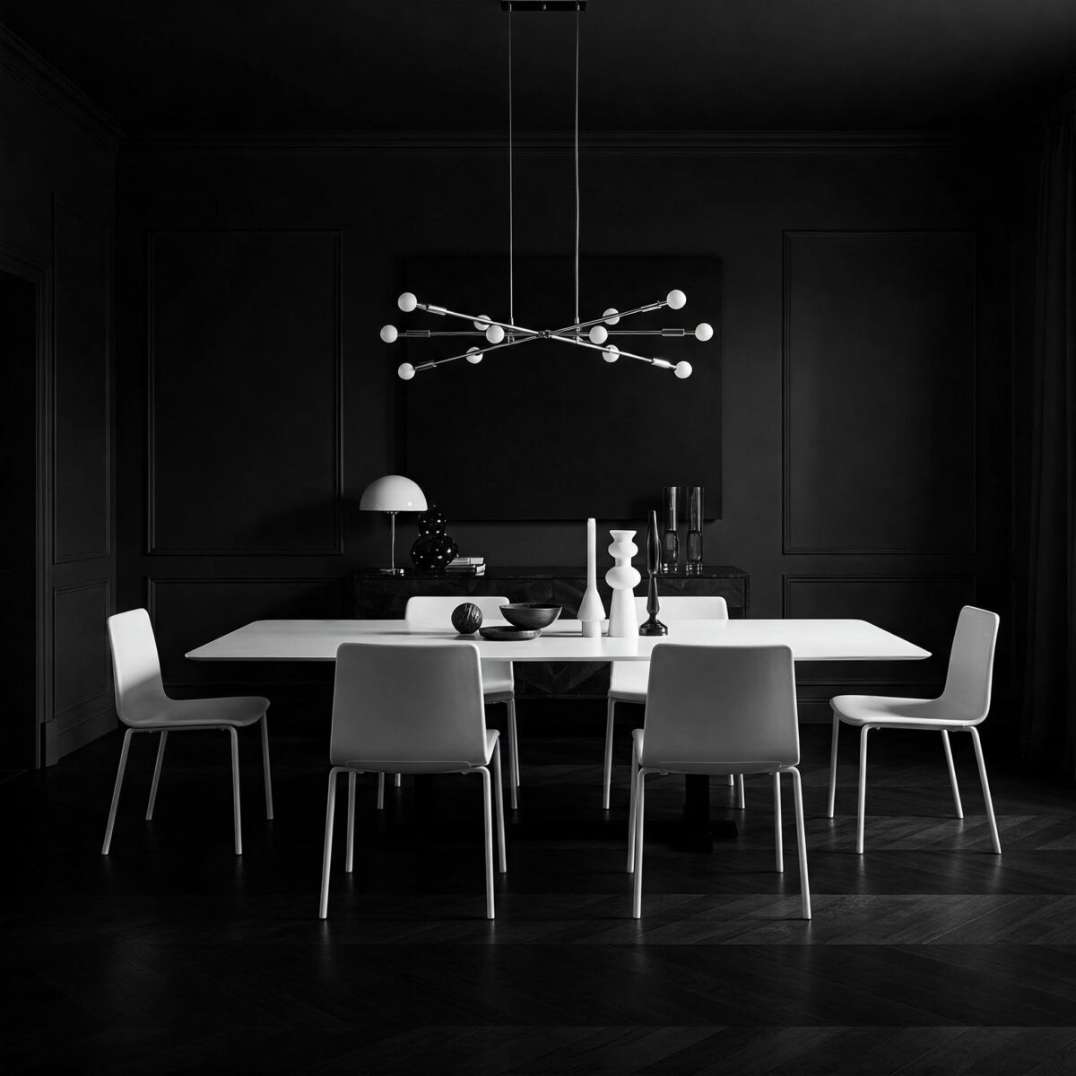 Descubra 15 Ideias Sofisticadas em Preto e Branco para Transformar sua Sala de Jantar! 4 Uso habilidoso do preto e branco em um ambiente de jantar.