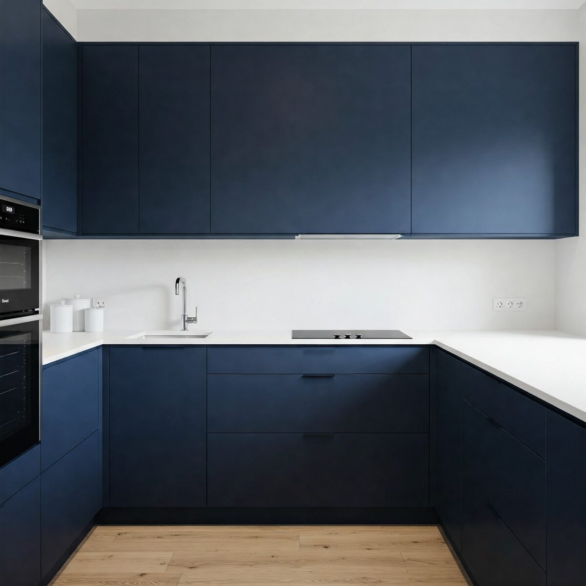 Descubra 15 Ideias Surpreendentes de Armários Azul Marinho para Modernizar sua Cozinha! 4 Cozinha em azul marinho contrastando com armários brancos, criando um efeito visual impactante e equilibrado.