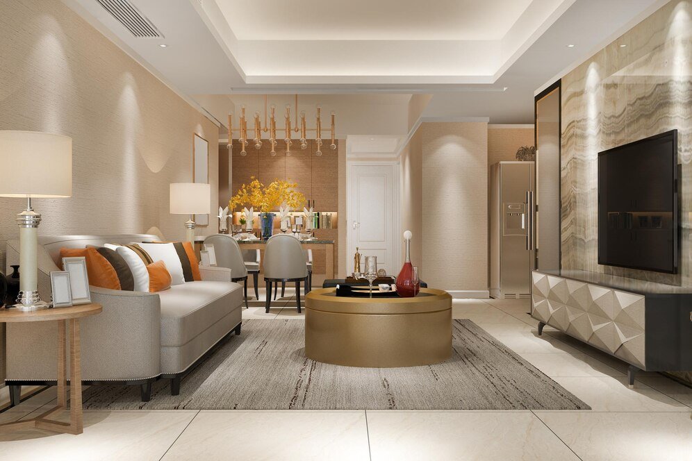 Renderização 3D de uma sala de jantar moderna com decoração luxuosa.