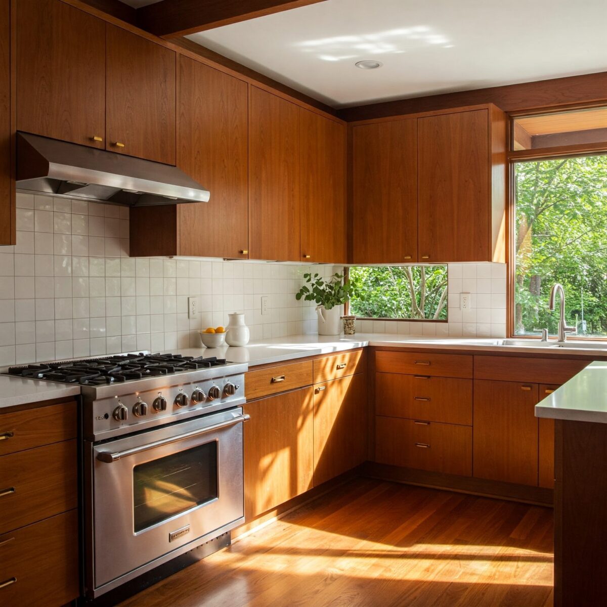 Descubra como o Estilo Mid-Century Pode Transformar Sua Cozinha em um Clássico Moderno! 4 Cozinha com armários de madeira escura e um backsplash elegante.