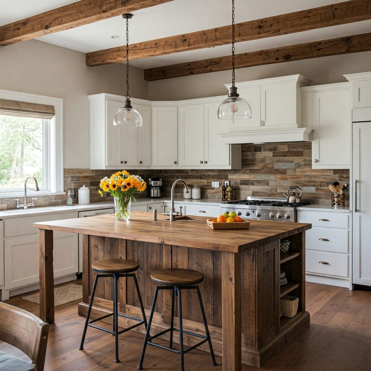 Descubra Como Transformar Sua Cozinha com Estas 15 Ideias Modernas no Estilo Farmhouse! 4 Cozinha com armários brancos, iluminação natural e um toque vintage nos detalhes.