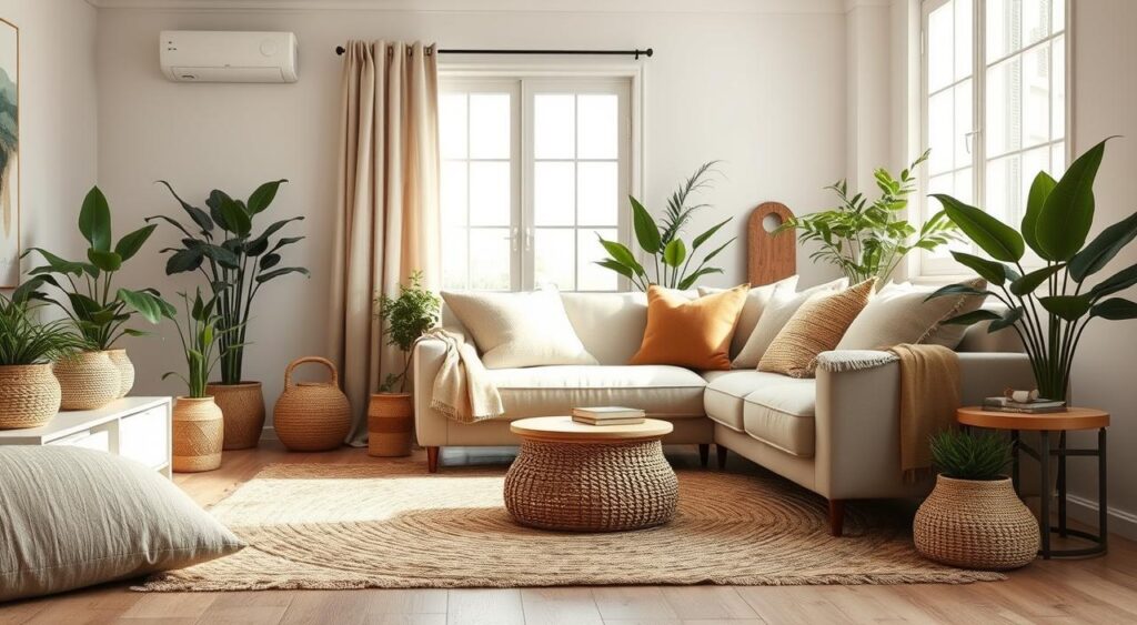 Segredos Elegantes: Como Transformar Sua Casa de Chácara com Simplicidade e Estilo 1 Sala de estar acolhedora, destacando a iluminação suave e tecidos naturais.