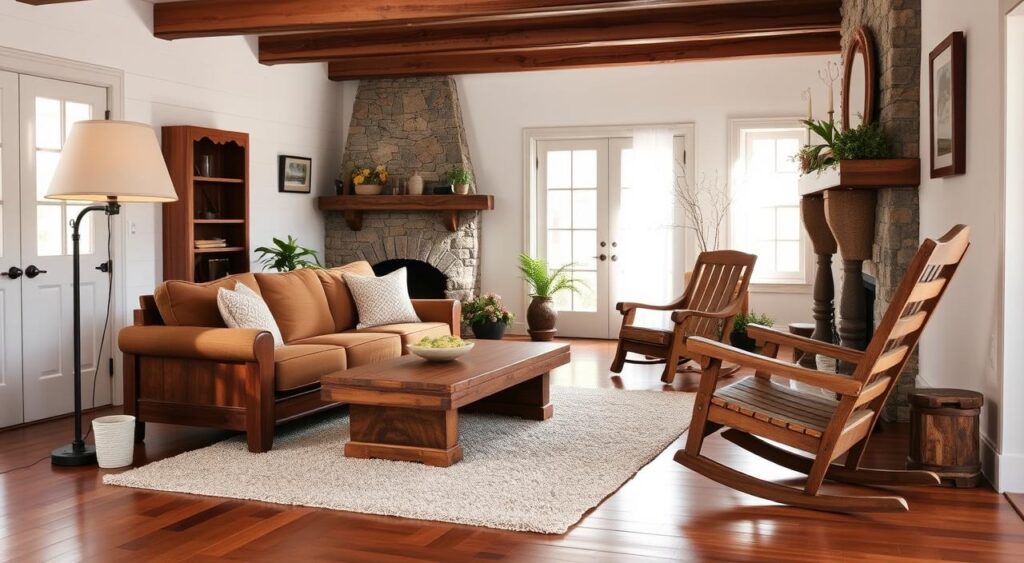 Segredos Elegantes: Como Transformar Sua Casa de Chácara com Simplicidade e Estilo 10 Sala de estar de um estilo rural, com móveis de madeira e tecidos confortáveis.