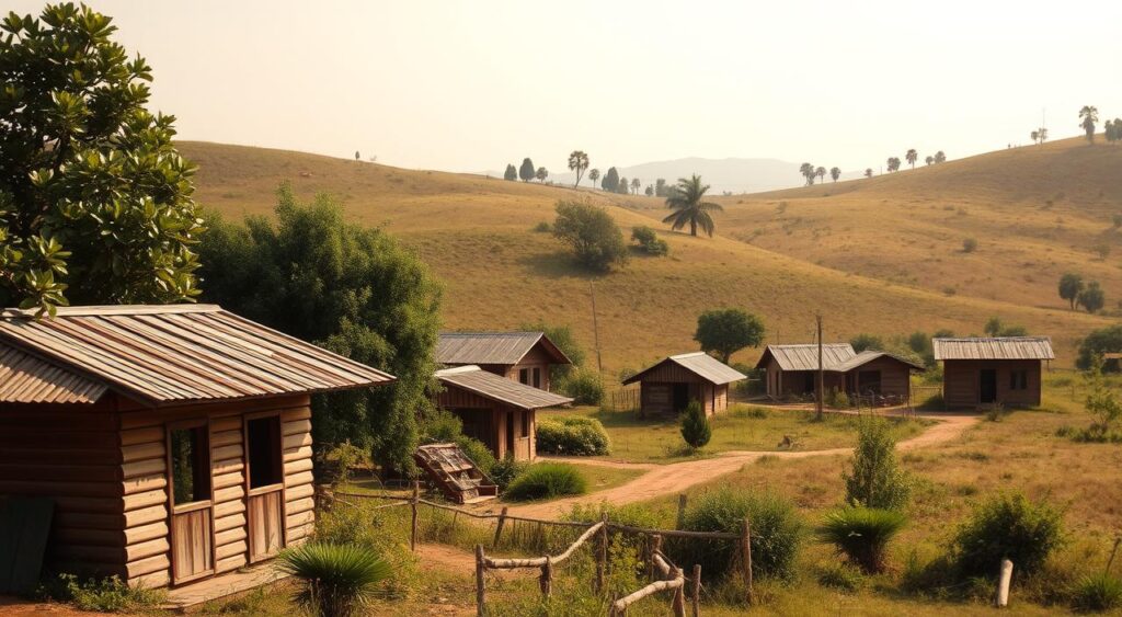 Descubra 6 Casas de Sítio Simples que Transmitem Charme e Aconchego! 1 imagem de um cenário rural com casas simples e econômicas