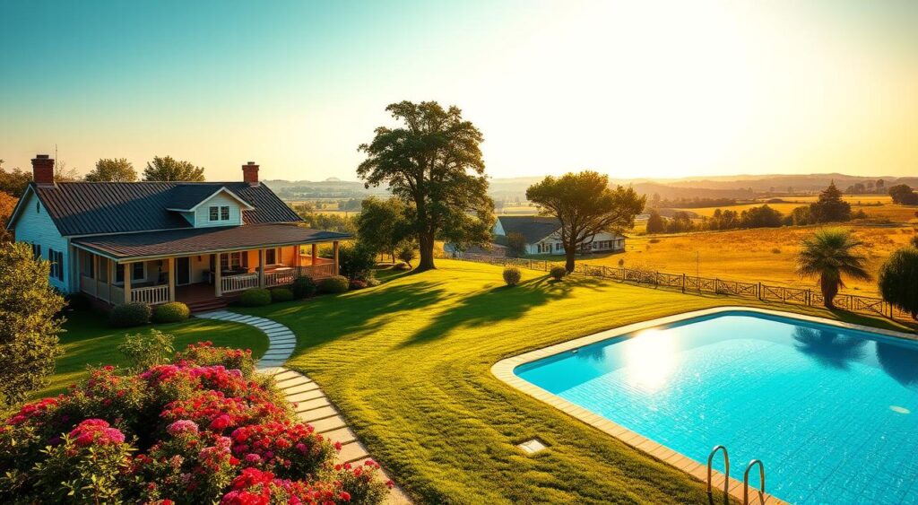 Transforme seu Verão: Venha Conhecer a Casa de Campo com Piscina que Todos Estão Falando! 5 Uma propriedade serena no campo cercada por vegetação exuberante e uma casa de fazenda pitoresca.