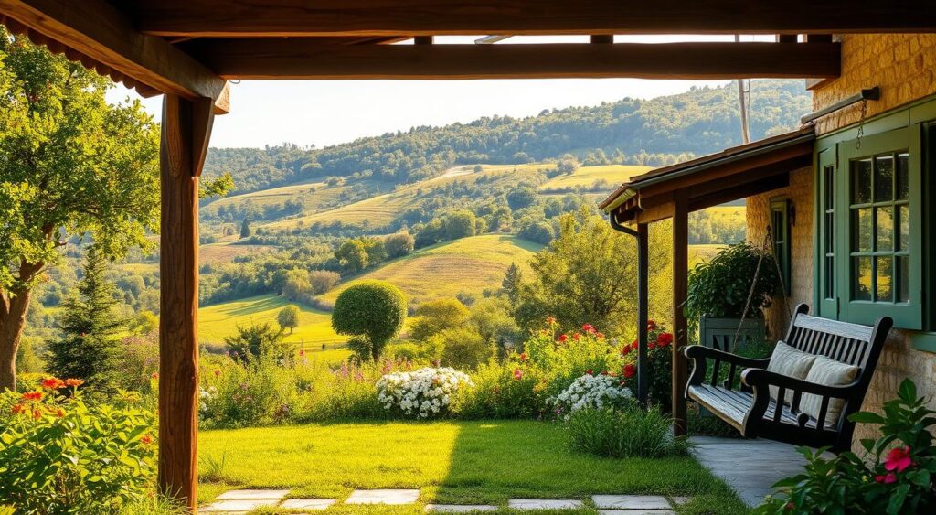 Descubra 6 Casas de Sítio Simples que Transmitem Charme e Aconchego! 10 imagem de uma casa de campo idílica aninhada em uma paisagem verdejante
