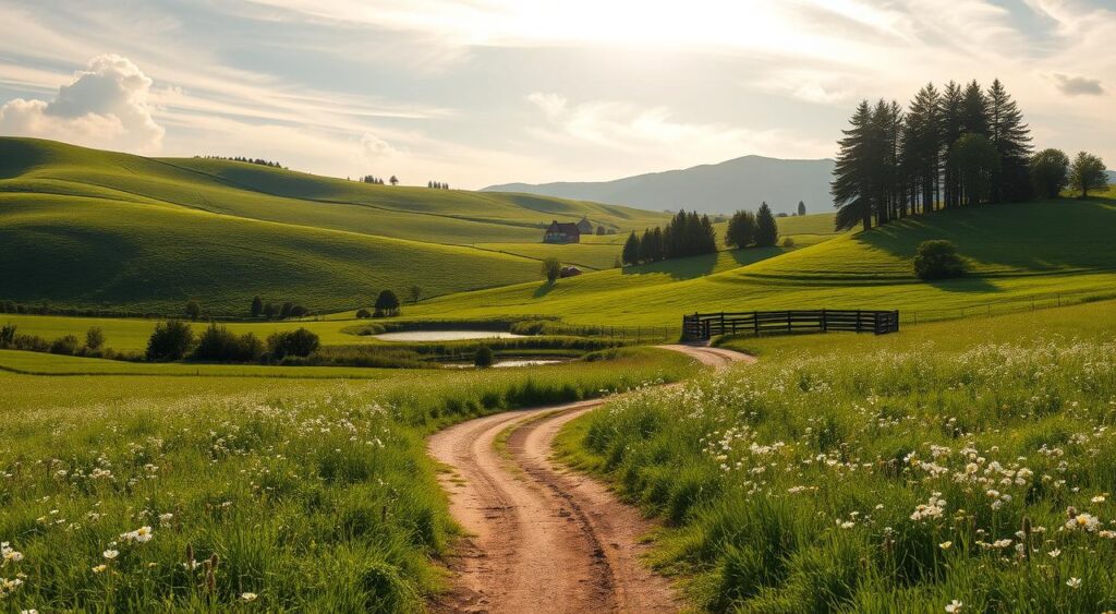 Descubra 6 Casas de Sítio Simples que Transmitem Charme e Aconchego! 7 imagem de uma paisagem rural serena com colinas e vegetação verdejante