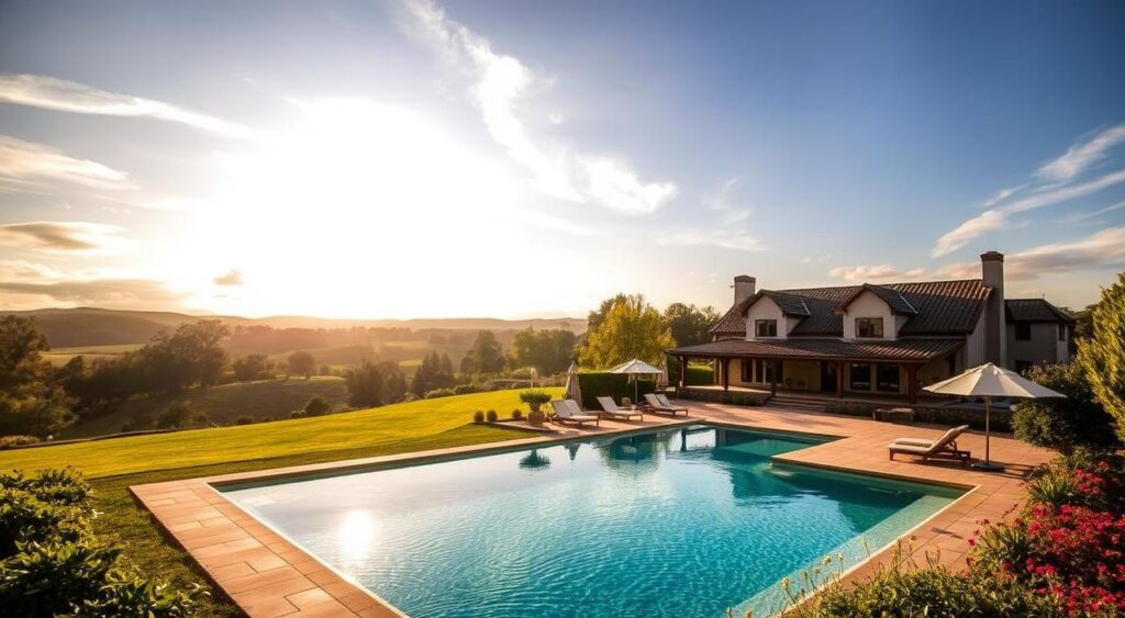 Transforme seu Verão: Venha Conhecer a Casa de Campo com Piscina que Todos Estão Falando! 1 Uma propriedade rural espaçosamente distribuída, cercada por colinas verdes e paisagens naturais.