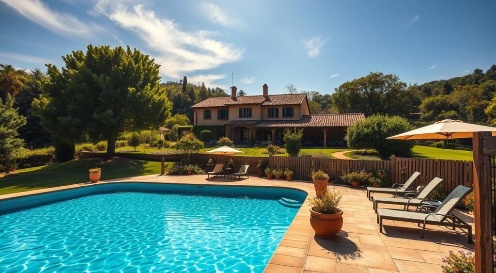 Transforme seu Verão: Venha Conhecer a Casa de Campo com Piscina que Todos Estão Falando! 9 Uma propriedade tranquila no campo com uma piscina pitoresca, cercada por vegetação verdejante.
