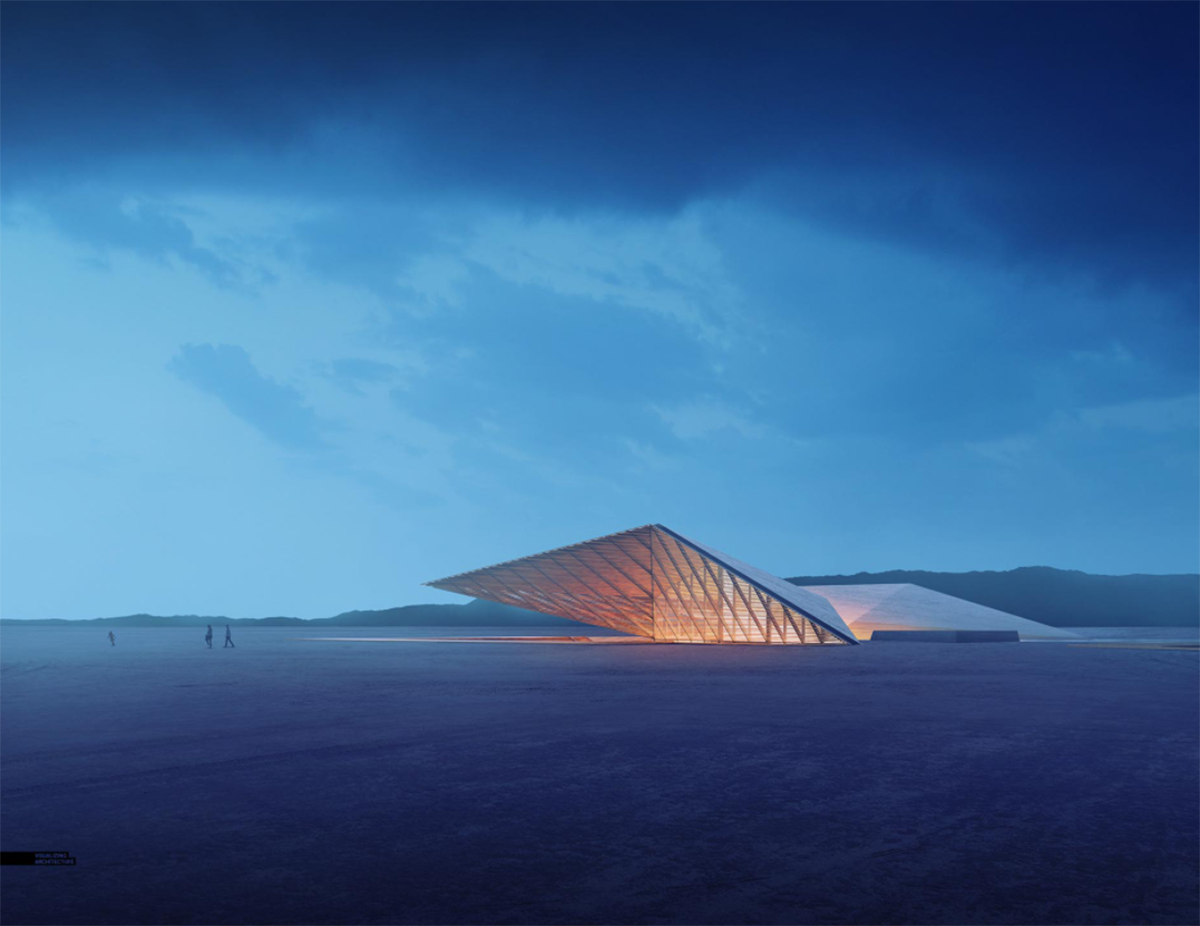 Imagem da Villa do Deserto à noite, criada por Alex Hogrefe.
