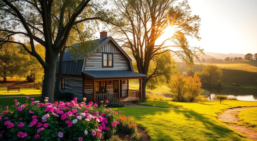 Segredos Elegantes: Como Transformar Sua Casa de Chácara com Simplicidade e Estilo 7 Casa de campo pequena em um ambiente rural, cercada por árvores e vegetação.