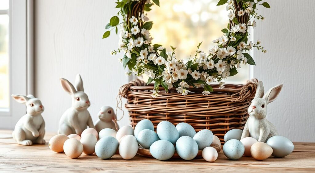 Decoração de Páscoa criativa utilizando ovos e coelhinhos.