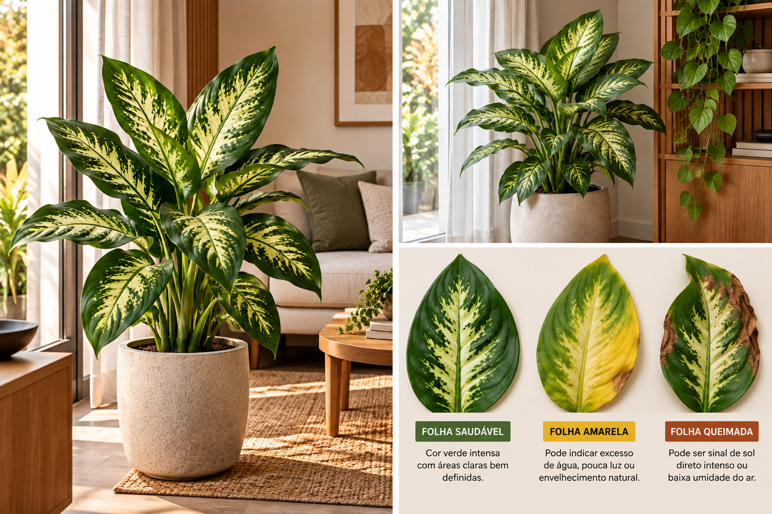 Comigo-ninguém-pode em vaso decorativo dentro de sala iluminada com luz indireta
