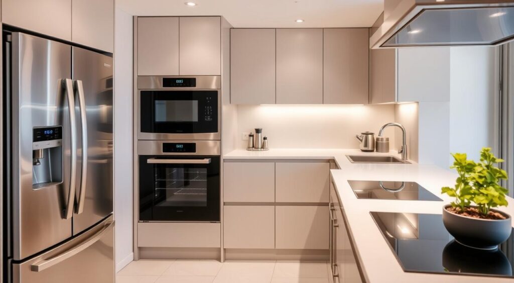 Descubra os Segredos para Planejar a Cozinha dos Seus Sonhos! 1 Eletrodomésticos embutidos são perfeitos para economizar espaço.