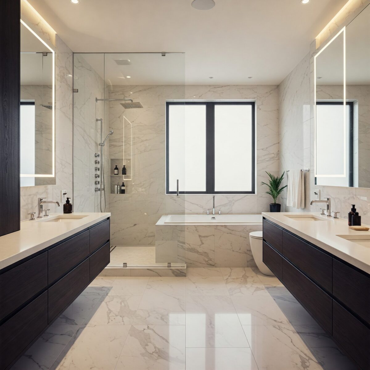 Descubra 15 Ideias Incríveis para Transformar Seu Banheiro em um Espaço Luxuoso! 2 Um banheiro luxuoso com detalhes imponentes e materiais de alta qualidade.