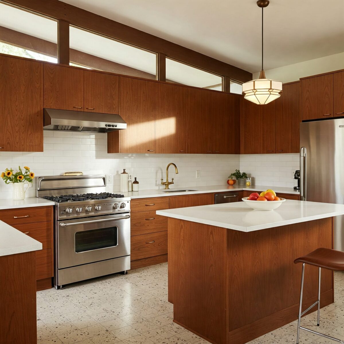 Descubra como o Estilo Mid-Century Pode Transformar Sua Cozinha em um Clássico Moderno! 2 Imagem de uma cozinha moderna de estilo mid-century, com móveis e acabamentos de madeira.