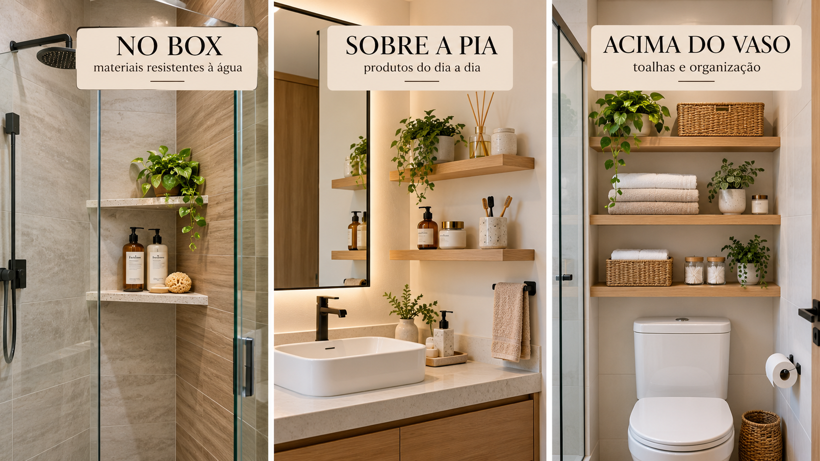 Comparação de três tipos de prateleiras para banheiro: prateleiras no box para produtos de banho, sobre a pia para itens de higiene e acima do vaso para toalhas e cestos.