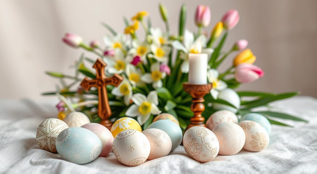 Descubra Como Transformar Sua Mesa de Páscoa com Simplicidade e Charmosa Elegância! 5 Decoração com símbolos da Páscoa, como ovos e coelhos.