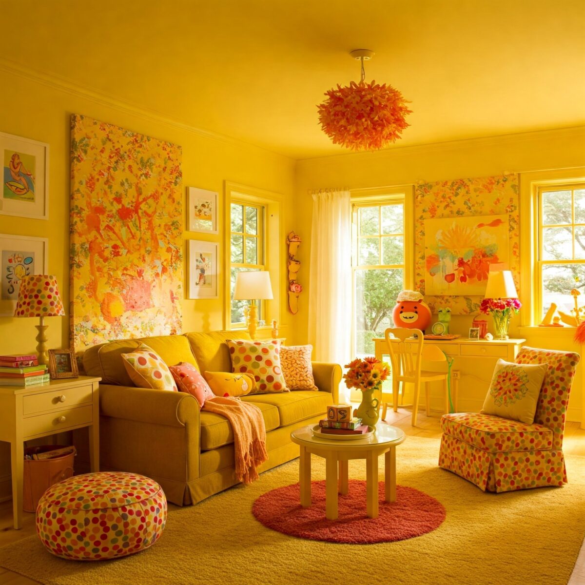 Inspire-se com 15 Quartos Amarelos para Criar um Ambiente Vibrante e Aconchegante 4 Imagem de uma parede de destaque amarela com decoração em tons neutros, criando um ponto focal atrativo.
