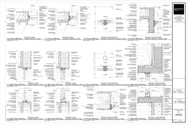 Introdução ao Alinhamento e Notas de Desenho em Arquitetura Gráfica 3 Uma folha de detalhes arquitetônicos, densa e com muitas informações. Mostra a organização dos desenhos em um único papel.
