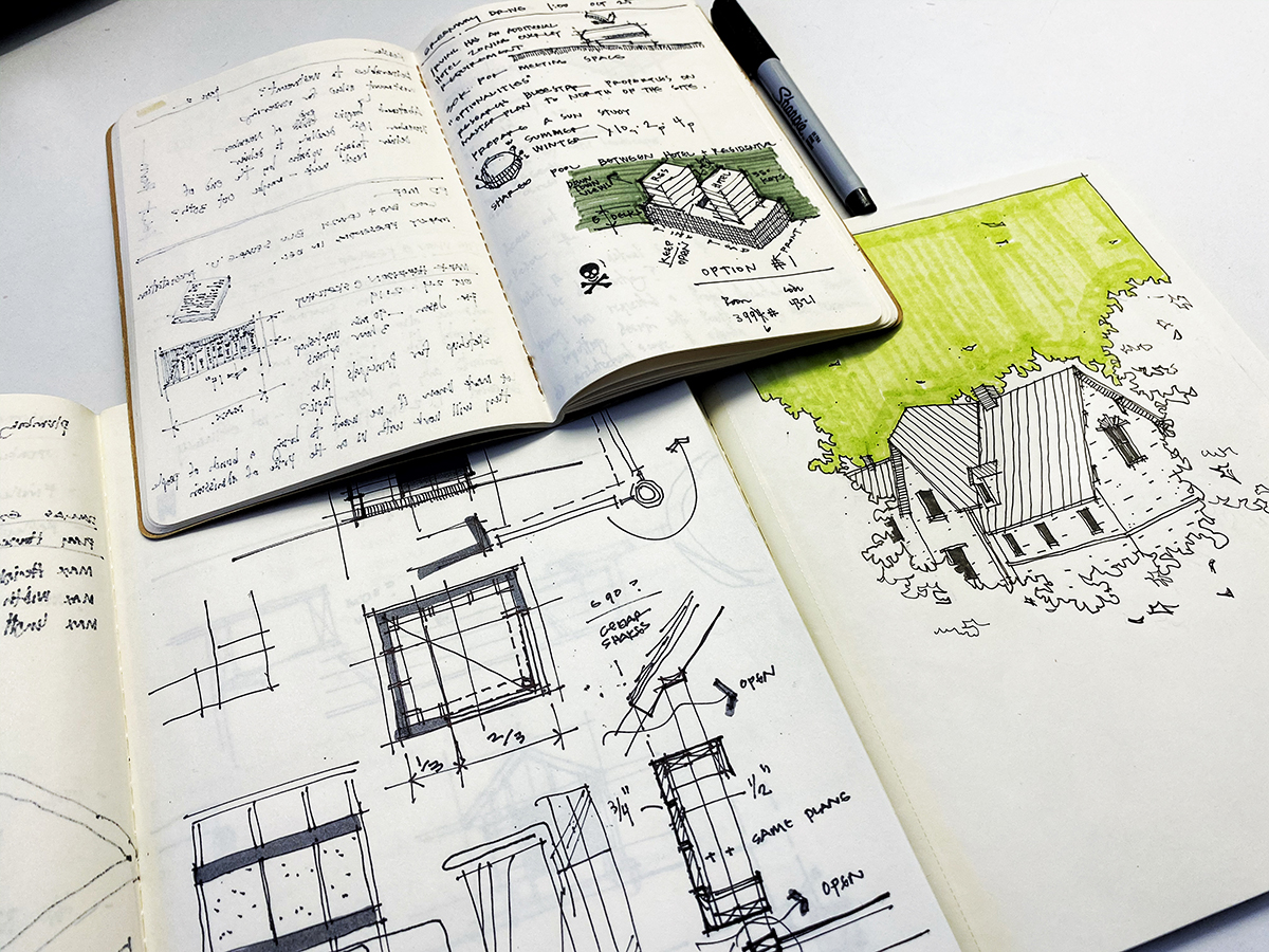 Encontro de Arquitetos AIA24 em Washington D.C.: Conexões e Inovações na Arquitetura 7 Uma fotografia dos cadernos de esboços de Bob Borson, tomadas durante sua atividade como arquiteto.