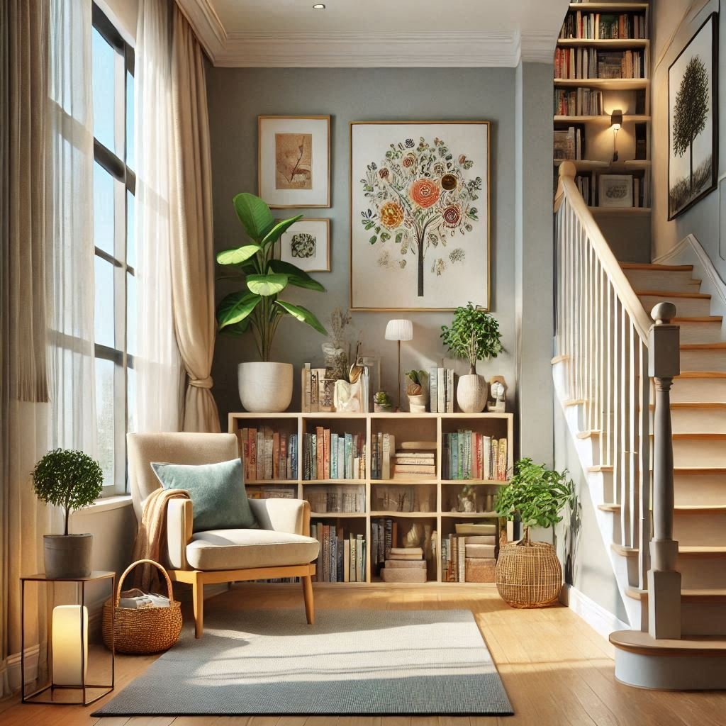 15 Maneiras de Decorar sua Escada para Transformar o Estilo do Seu Lar 2 Transforme sua landing de escadas em um recanto confortável para leitura.