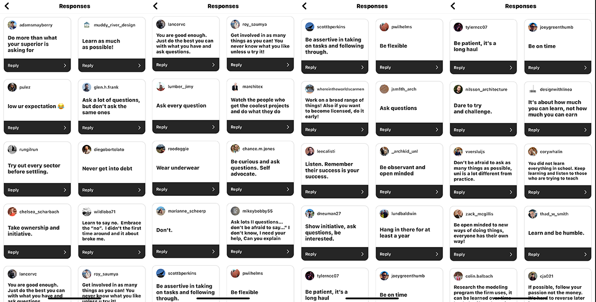 Orientações para Iniciar com Sucesso na Arquitetura 7 Poll do Instagram com os melhores conselhos para começar um novo emprego.
