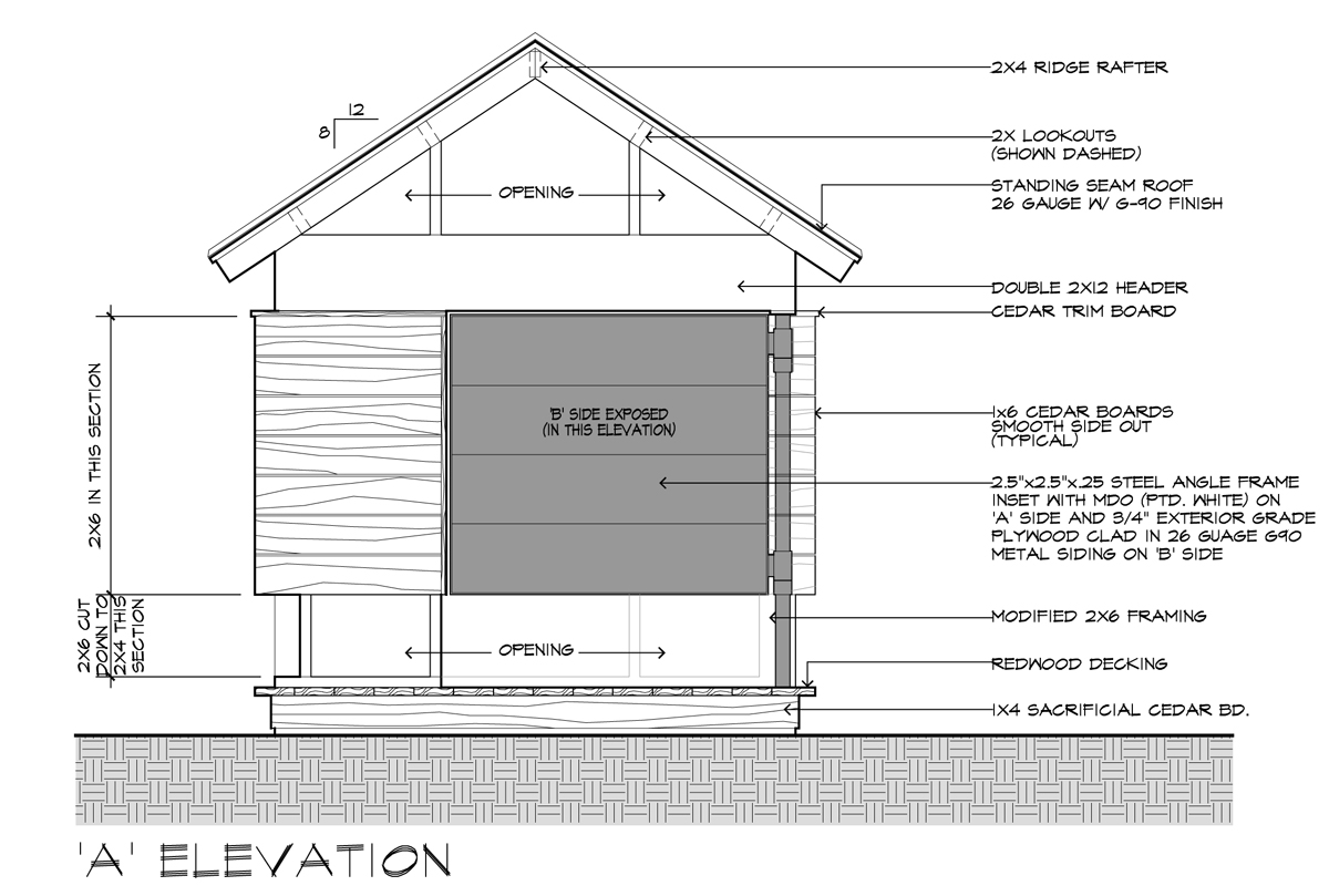 Desenho da elevação para o 'playhouse' de cinema preparado por Bob Borson.