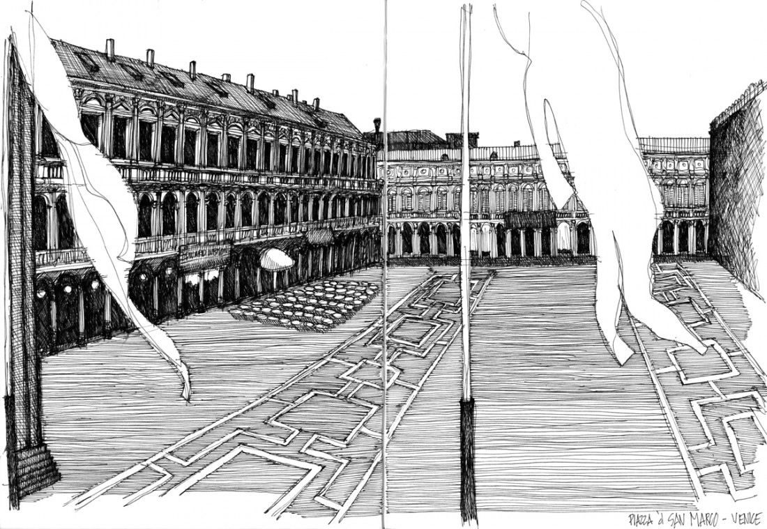 Dicas e Técnicas para Aprender a Desenhar como um Arquiteto 1 Esboço da Praça de São Marcos feito por Michael Malone, parceiro anterior do Bob.
