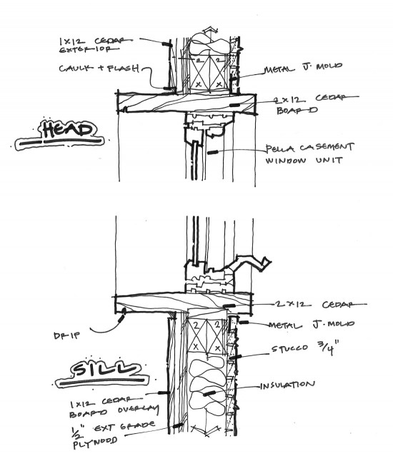 Desenho esquemático de uma janela construída no local com infill de janela de guilhotina.