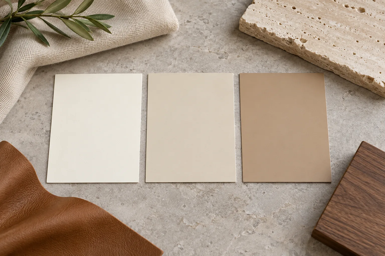 Branco quente na decoração: tons, combinações e como escolher 17 Amostras de branco quente, bege-claro e caramelo suave ao lado de linho, madeira e pedra natural.