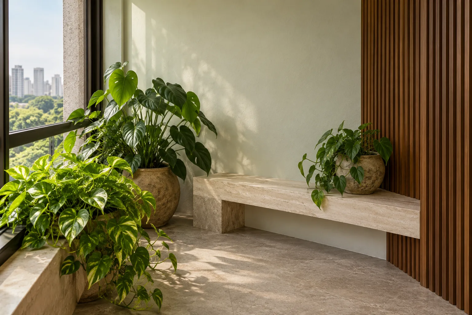 Branco quente na decoração: tons, combinações e como escolher 11 Jardim de inverno compacto com parede off-white de subtom esverdeado muito suave, plantas tropicais e banco de pedra.