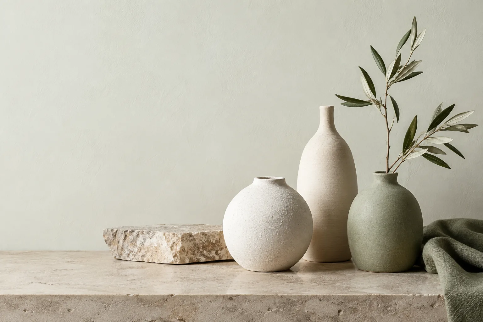 Branco quente na decoração: tons, combinações e como escolher 14 Composição de cerâmicas claras, ramo de oliveira e tecidos verdes suaves diante de parede off-white esverdeada.