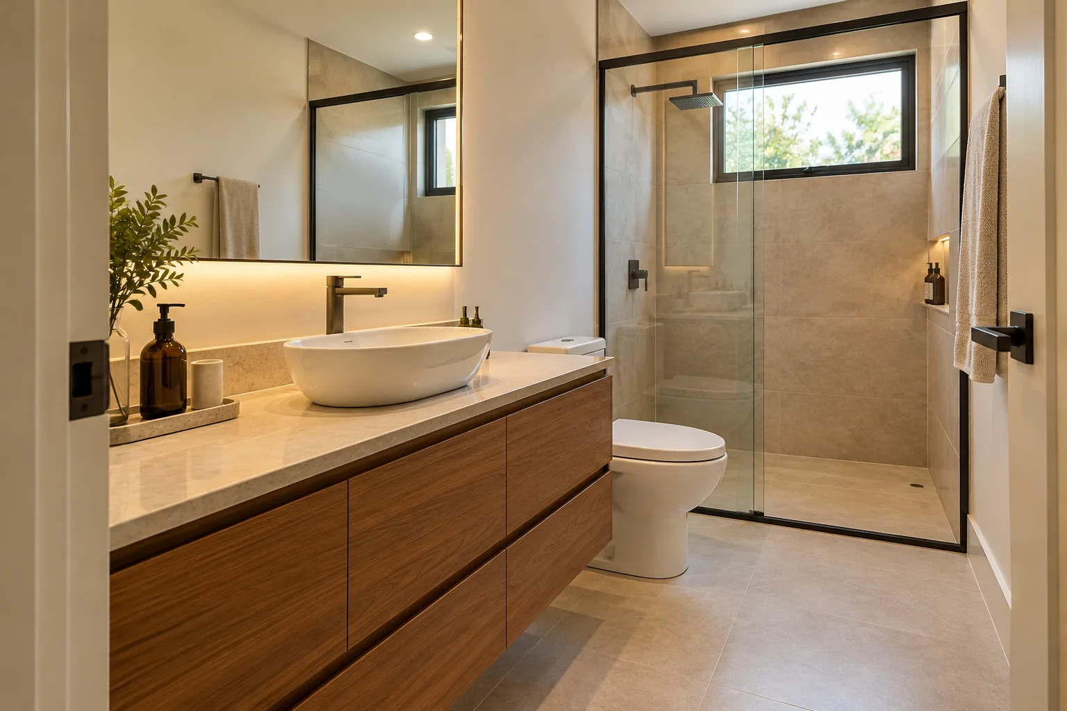 Branco quente na decoração: tons, combinações e como escolher 21 Banheiro contemporâneo com paredes branco quente, porcelanato de pedra clara e gabinete de madeira.