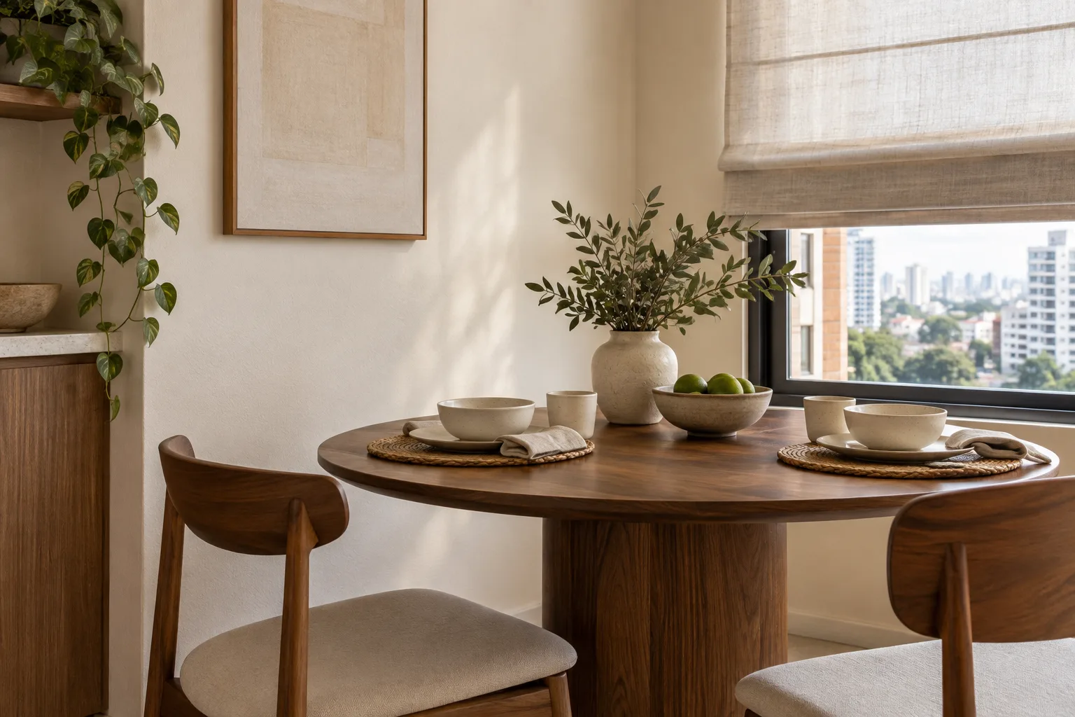Branco quente na decoração: tons, combinações e como escolher 4 Copa compacta com paredes branco baunilha cremoso, mesa de madeira escura e cerâmicas claras.