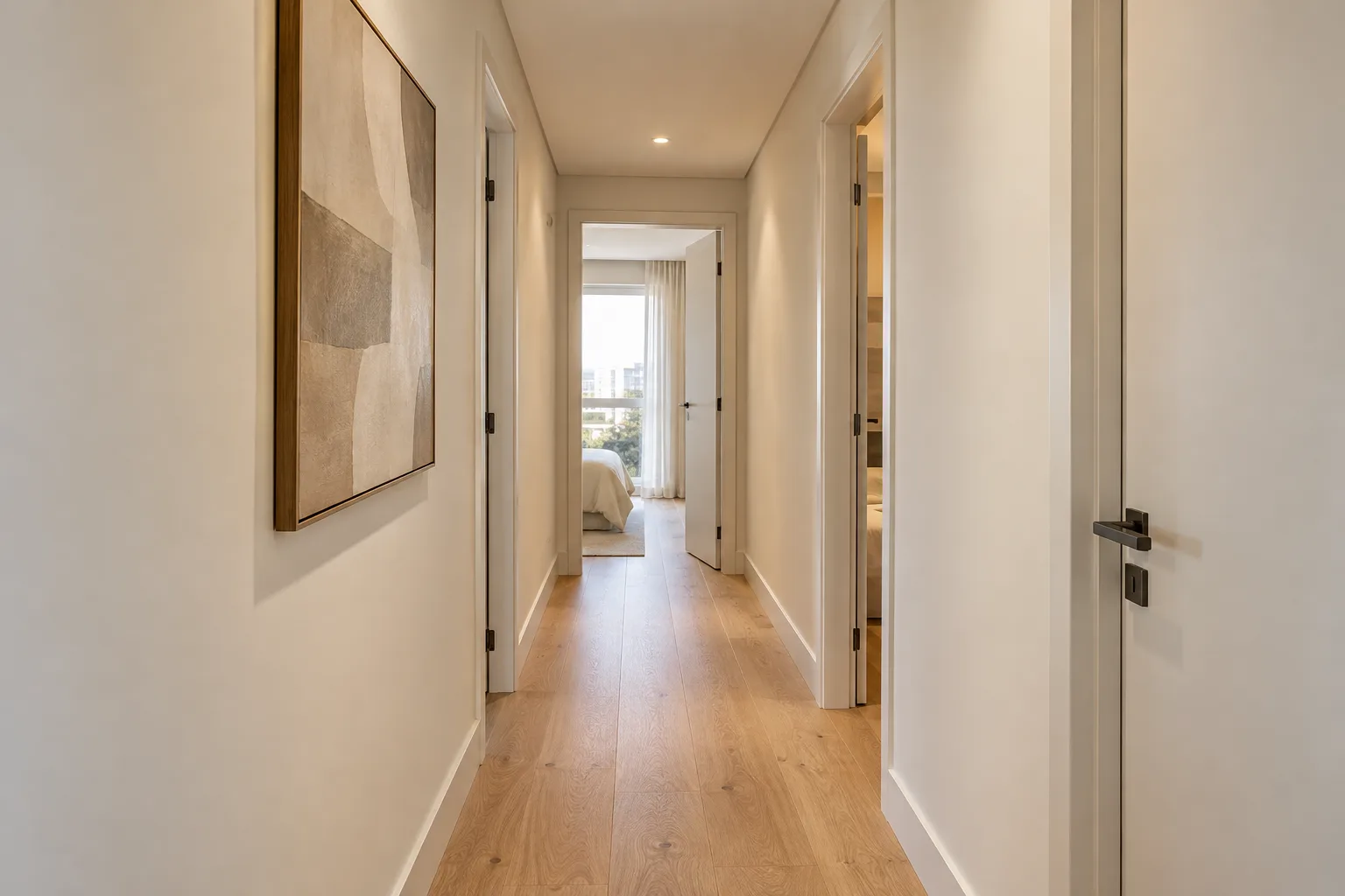 Branco quente na decoração: tons, combinações e como escolher 22 Corredor pequeno de apartamento com paredes branco quente marfim, piso de madeira clara, portas neutras e iluminação suave.