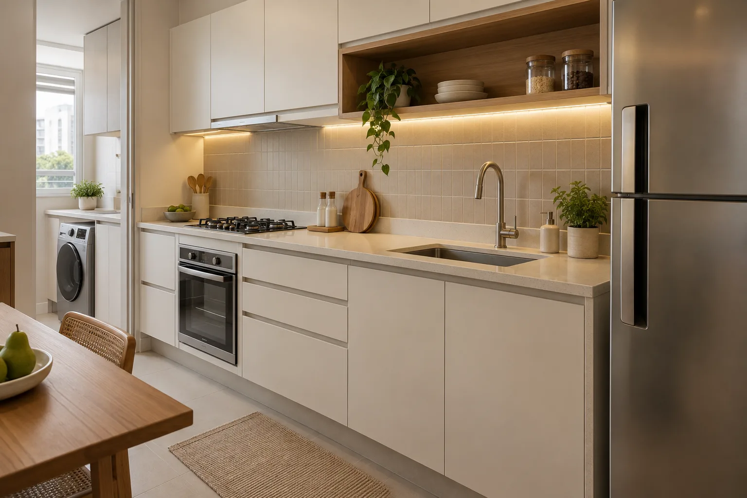 Branco quente na decoração: tons, combinações e como escolher 20 Cozinha contemporânea com armários branco quente, bancada clara, revestimento bege e detalhes de madeira.