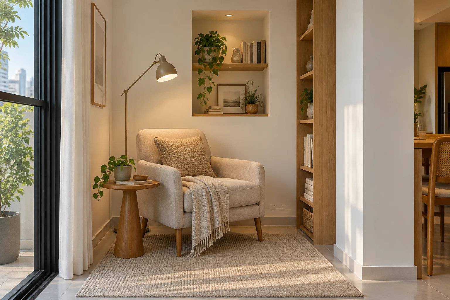 Branco quente na decoração: tons, combinações e como escolher 5 Canto de leitura compacto com parede branco creme, poltrona bege e prateleiras de madeira natural.