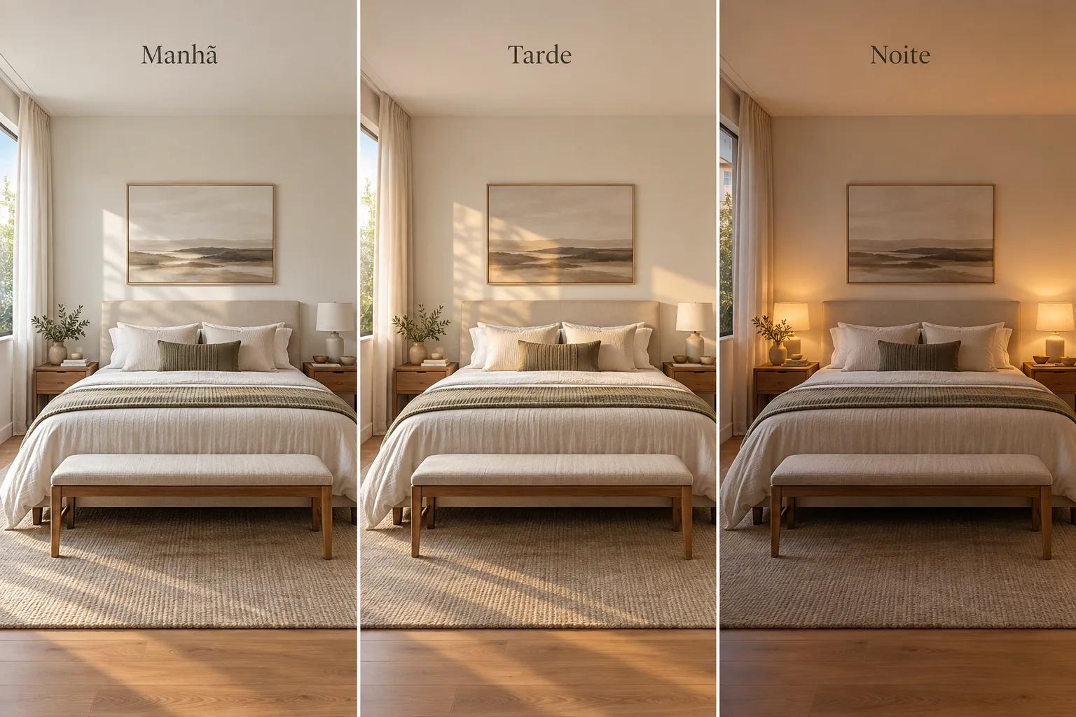 Branco quente na decoração: tons, combinações e como escolher 23 Comparação da mesma parede branco quente com luz natural da manhã, luz natural indireta e iluminação artificial quente.