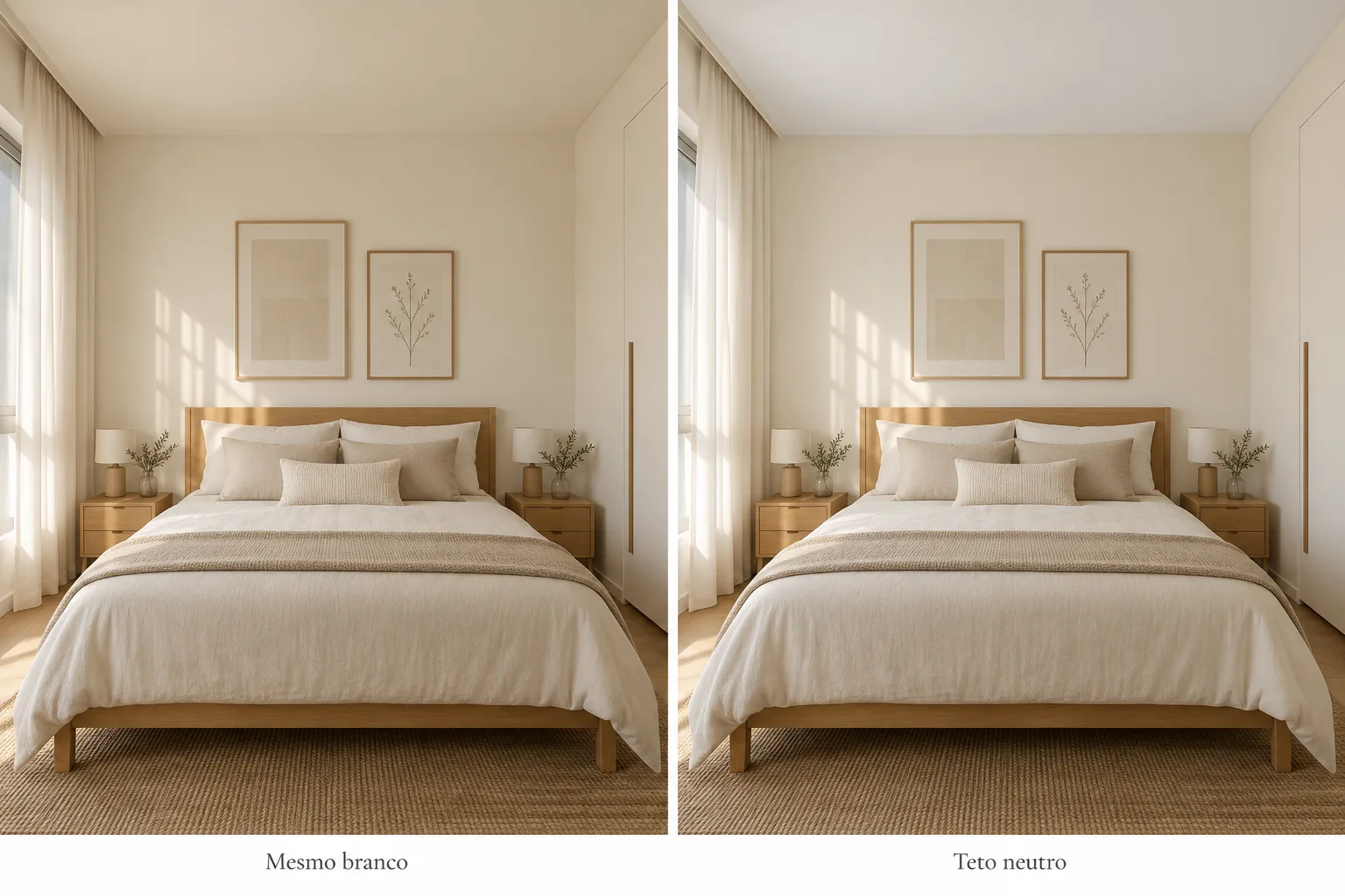 Branco quente na decoração: tons, combinações e como escolher 16 Comparação de quarto com paredes branco quente e teto da mesma cor ou em branco neutro.