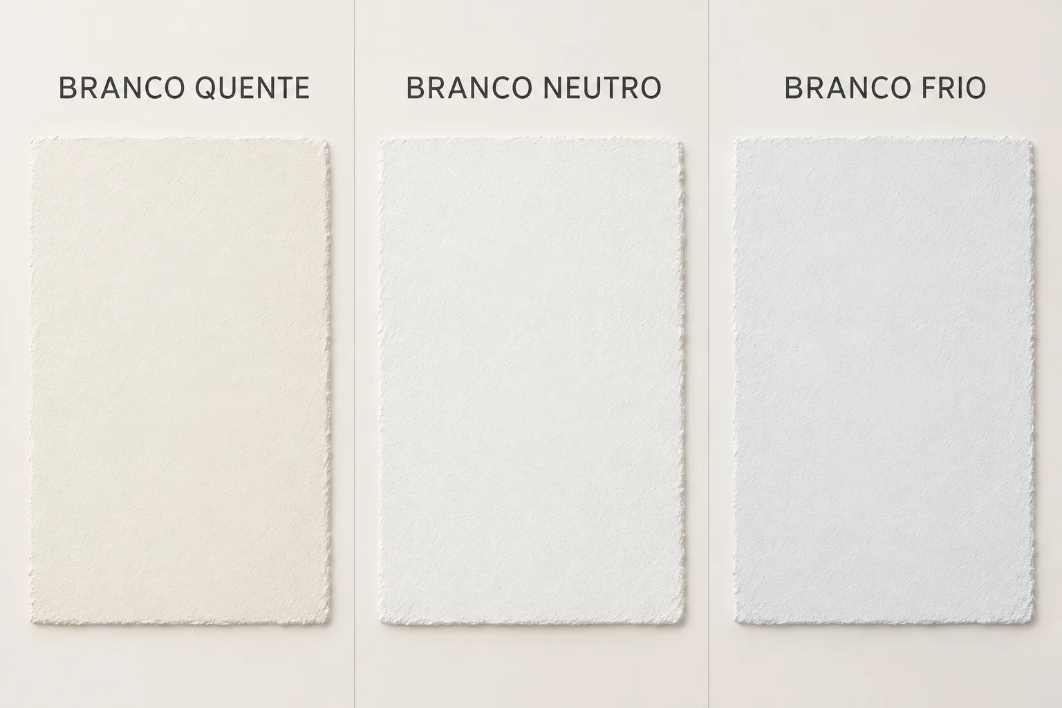 Branco quente na decoração: tons, combinações e como escolher 1 Comparação entre branco quente de fundo creme, branco neutro e branco frio de fundo acinzentado.