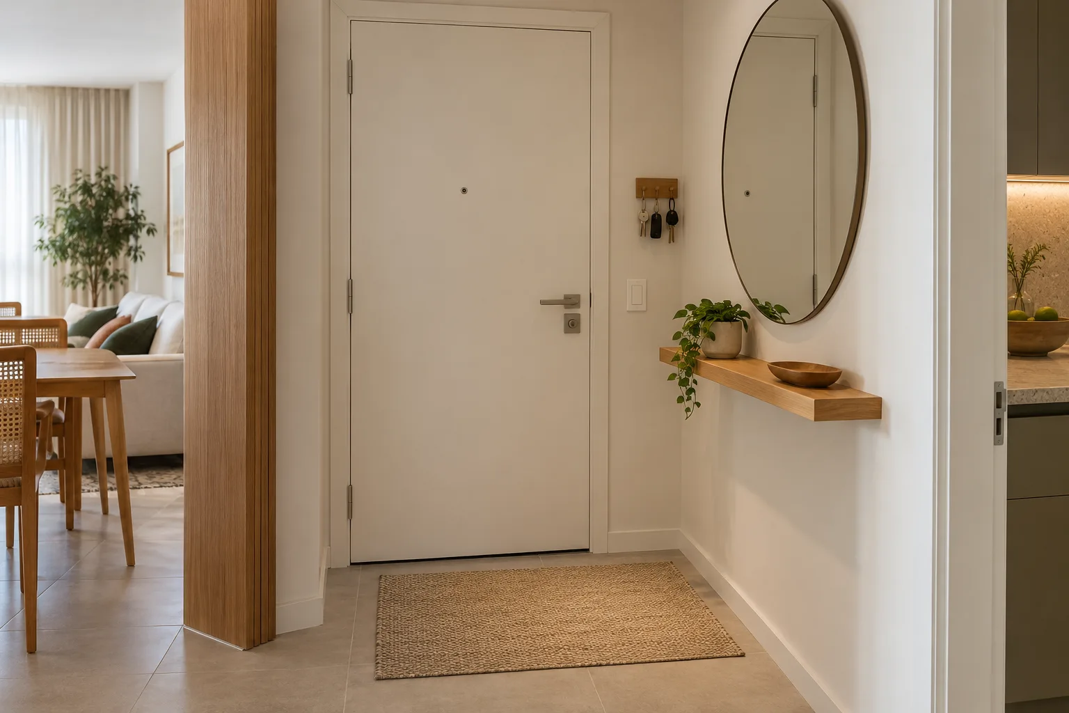 Branco quente na decoração: tons, combinações e como escolher 15 Entrada compacta de apartamento com paredes branco quente suave, espelho redondo e prateleira estreita de madeira.