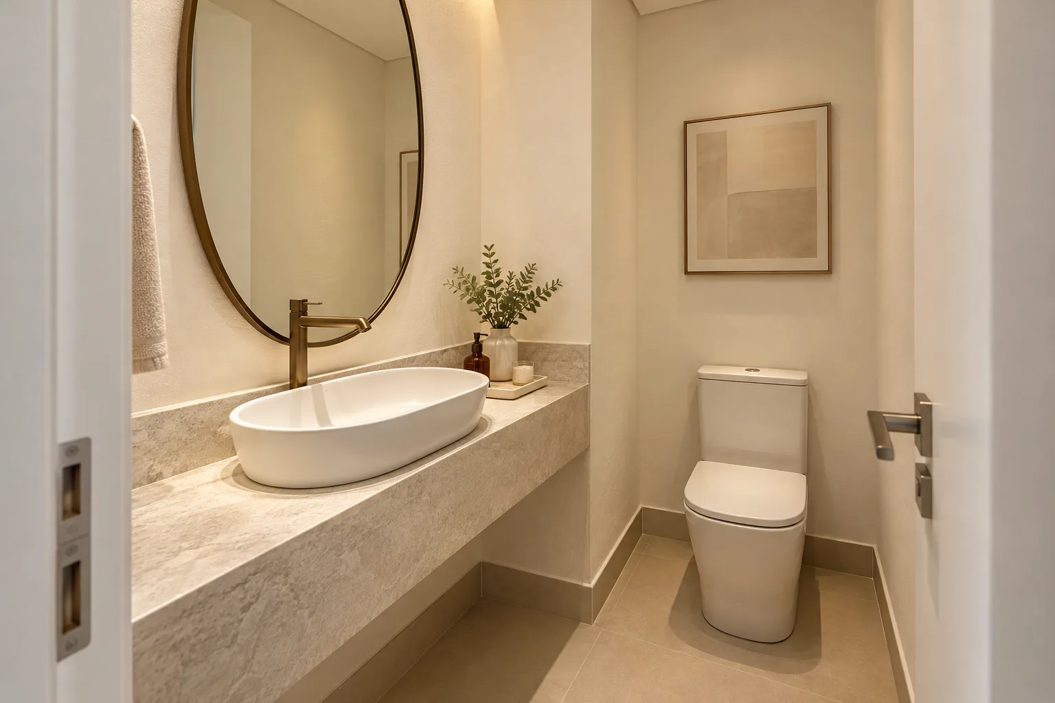 Branco quente na decoração: tons, combinações e como escolher 12 Lavabo compacto com parede branco pérola quente, espelho oval, cuba de pedra clara e metais escuros.
