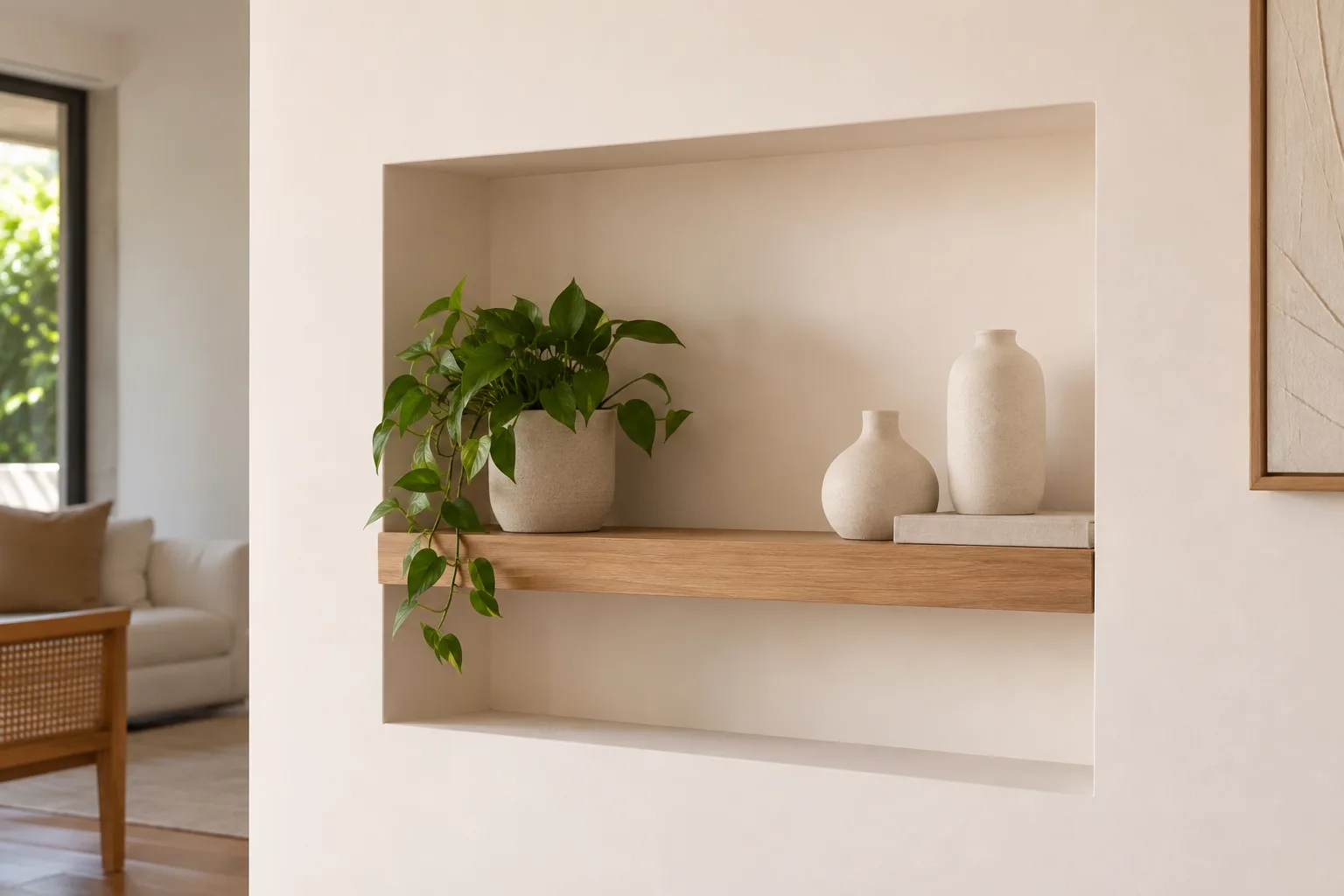 Branco quente na decoração: tons, combinações e como escolher 9 Nicho decorativo com parede quase branca de subtom pêssego suave, prateleira de madeira e cerâmicas claras.