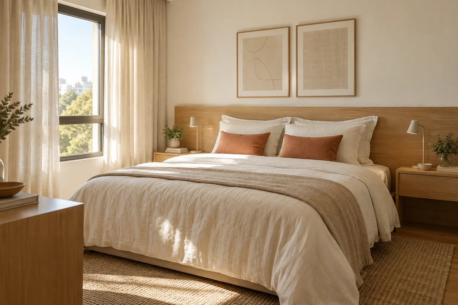 Branco quente na decoração: tons, combinações e como escolher 19 Quarto aconchegante com paredes branco creme, cabeceira de madeira clara e roupa de cama em linho.