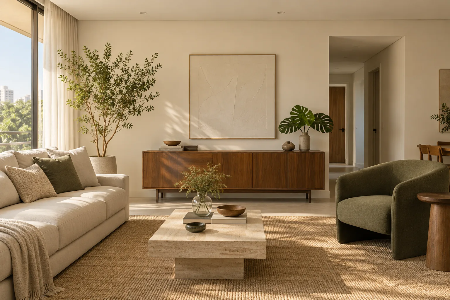 Branco quente na decoração: tons, combinações e como escolher 18 Sala de estar contemporânea com paredes branco marfim, sofá claro, madeira nogueira e poltrona verde-oliva.