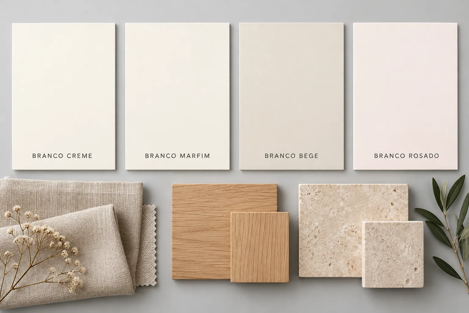 Branco quente na decoração: tons, combinações e como escolher 2 Amostras de branco quente com subtons creme, marfim, bege e rosado suave.