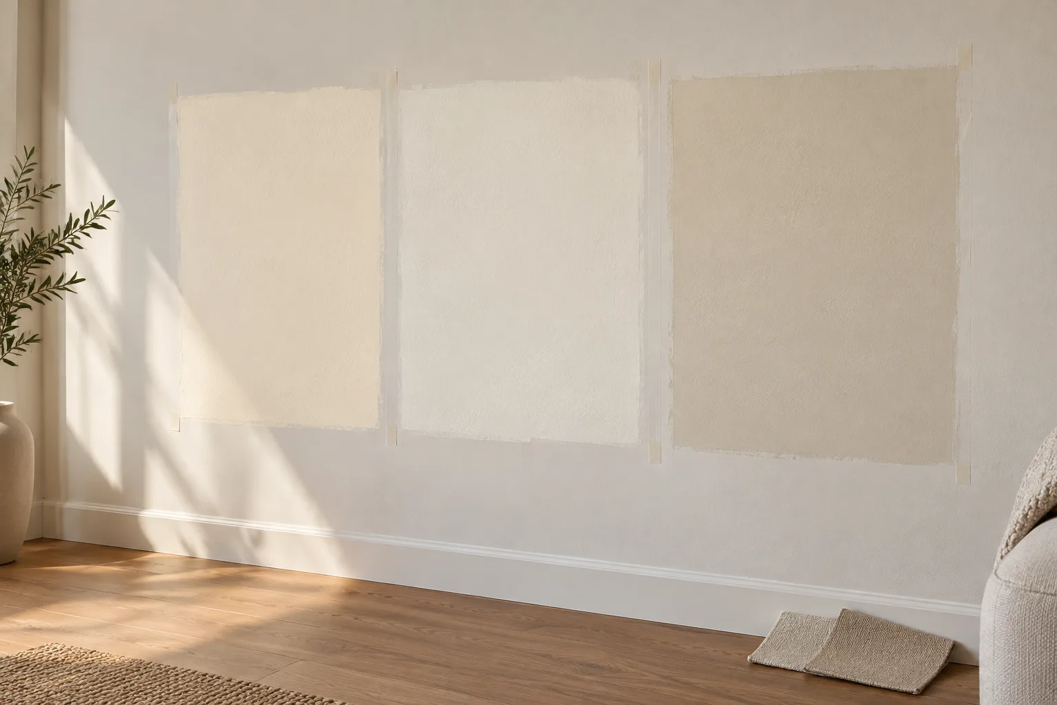 Branco quente na decoração: tons, combinações e como escolher 24 Parede residencial com três amostras de tinta branco quente testadas sob iluminação natural.
